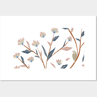 Pretty Minimalist Aesthetic Flower Bird Floral Design Posters and Art